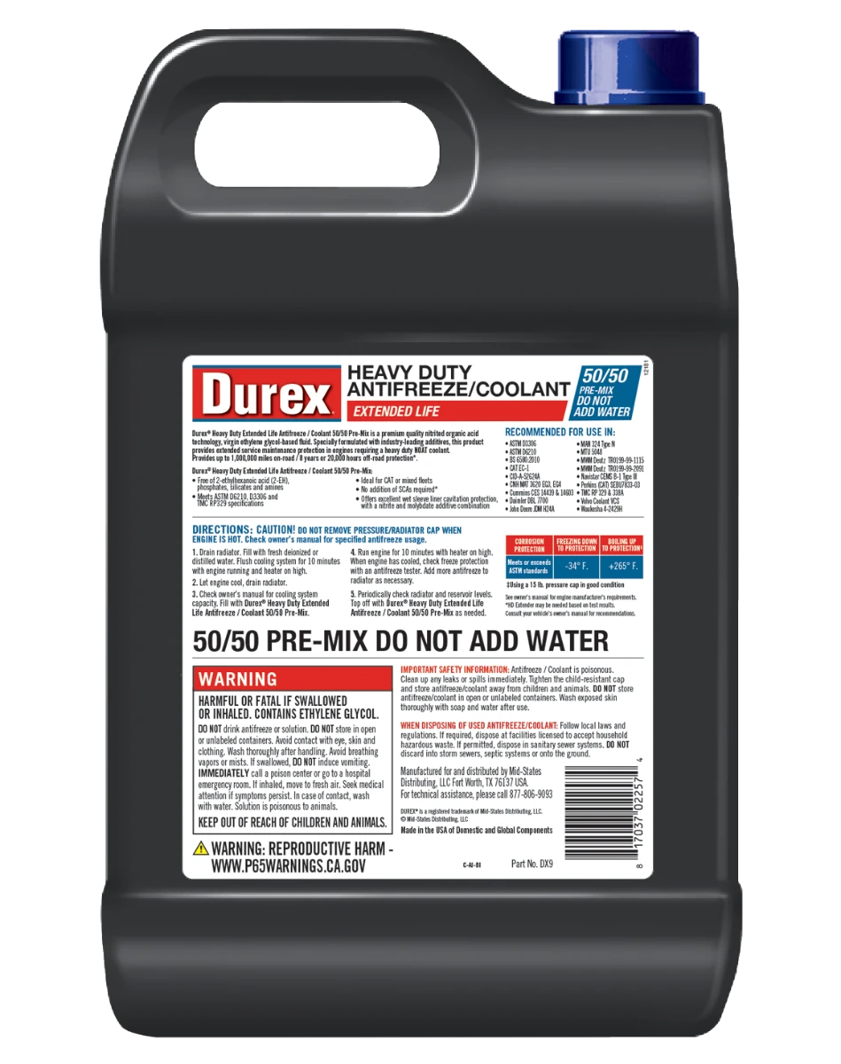 Durex DX9 Heavy Duty Extended Life 50/50 Pre-Mix Antifreeze / Coolant – 1 Gallon 4 Durex DX9 Heavy Duty Extended Life 50/50 Pre-Mix Antifreeze / Coolant – 1 Gallon - Image 2